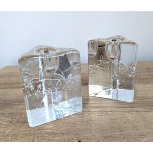 Set of 2 Arkipelago Iittala Ice Clear Glass Triangular Candlesticks MCM 3.5''